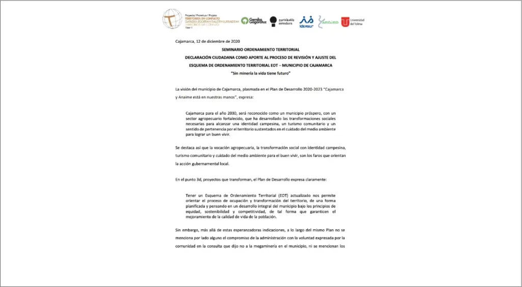 1ª Declaración Ciudadana al proceso de revisión y ajuste del Esquema de Ordenación Territorial (EOT)