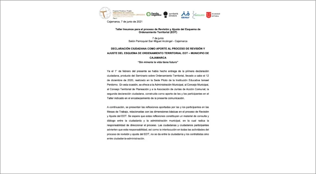 2ª Declaración Ciudadana al proceso de revisión y ajuste del Esquema de Ordenación Territorial (EOT)