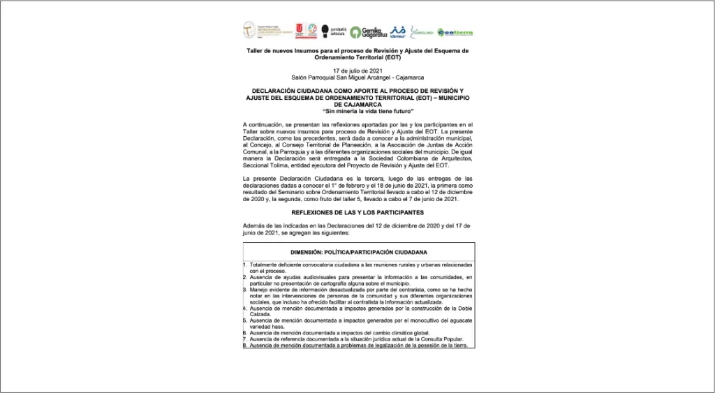 1ª Declaración Ciudadana al proceso de revisión y ajuste del Esquema de Ordenación Territorial (EOT)