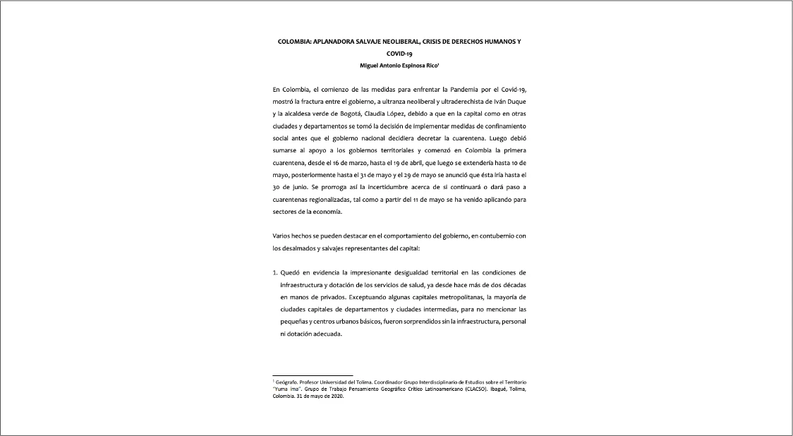Colombia: aplanadora salvaje neoliberal, crisis de derechos humanos y covid-19. Miguel Espinosa Rico