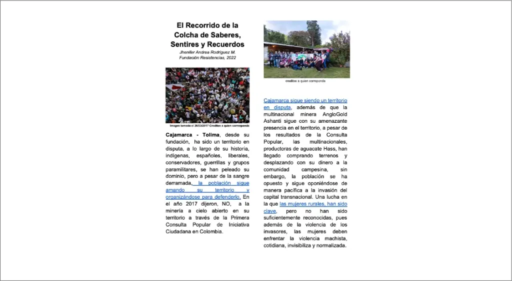 El recorrido de la Colcha de Saberes, Sentires y Recuerdos