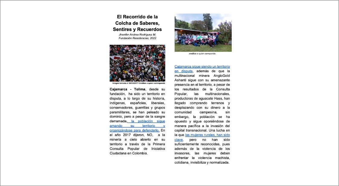 El recorrido de la Colcha de Saberes, Sentires y Recuerdos